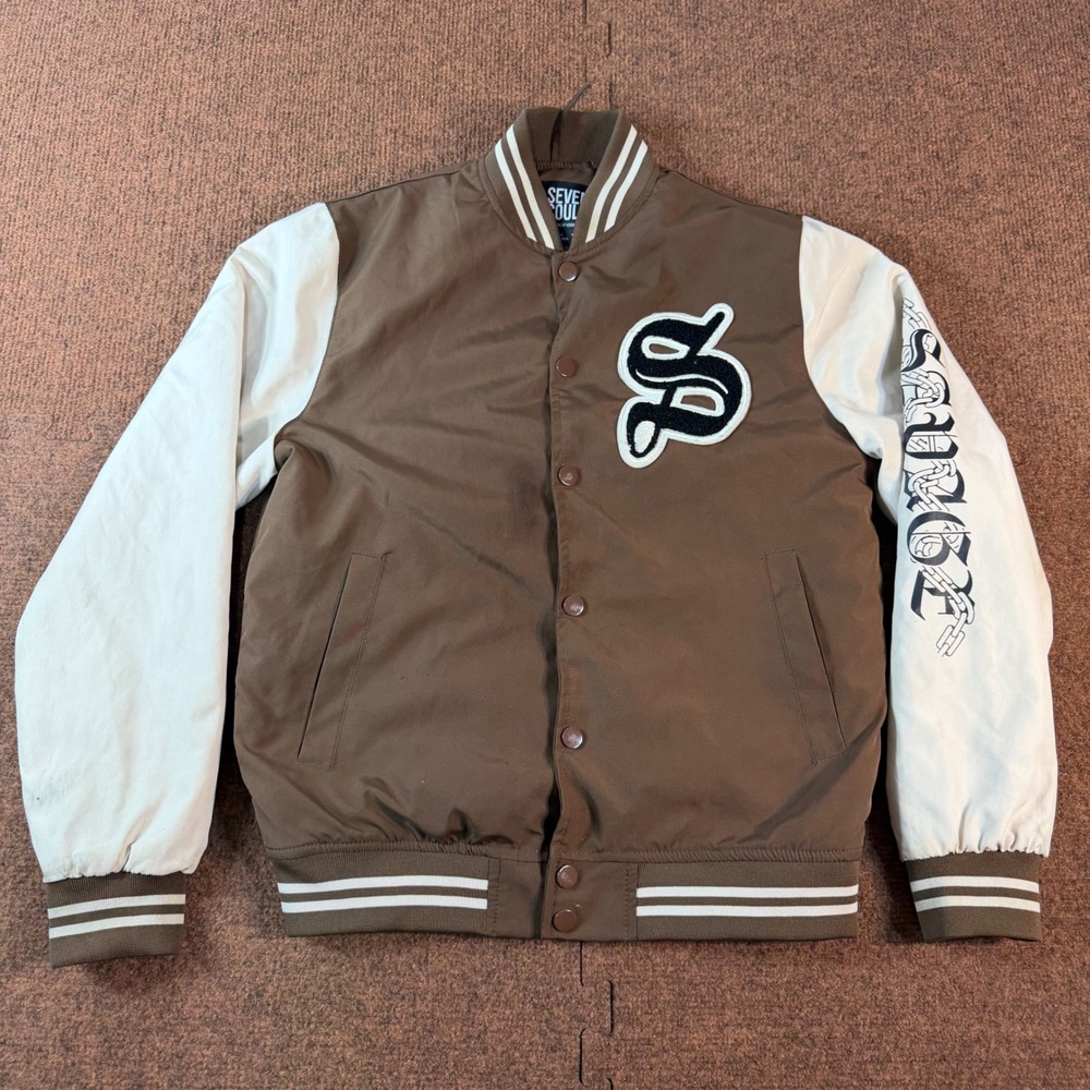 Seven Souls New York Savage Doberman Varsity Jacket Brown Cream Women Size 10/12